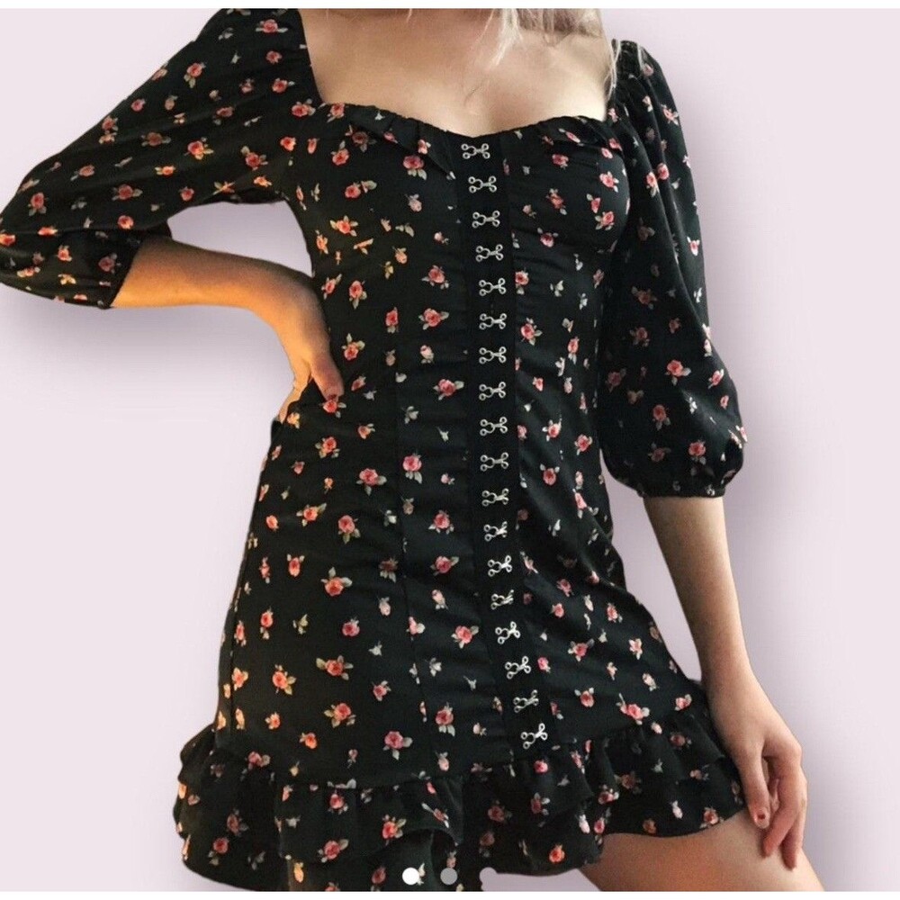 NWT Coquette Sz L Boho Black Dress Corset Style Puff Sleeve Babydoll Forever 21